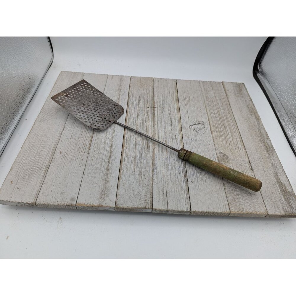 Vintage Steel Spatula Long Slotted Holes 14" Green Wood Handle